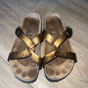 BIRKI'S BY BIRKENSTOCK  WOMEN'S Sz 38 7  COPPER BROWN CRISSCROSS SLIDES SANDALS